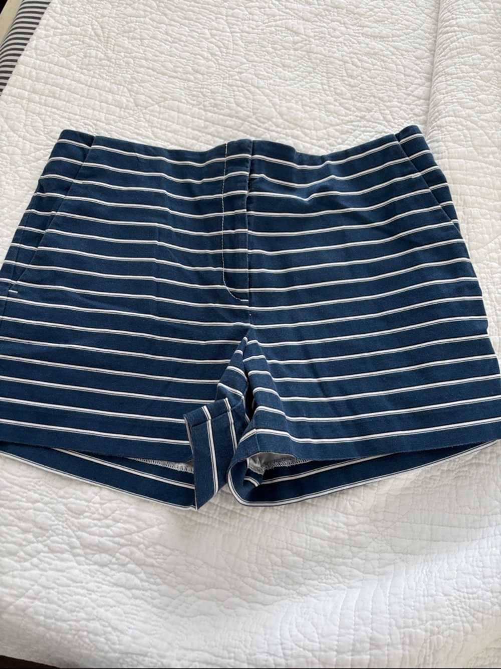 LOFT Navy and White Striped High-Waist Shorts